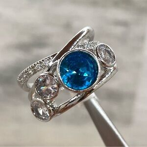 Trendy Cute Round Cut Bubble Bright Blue White Diamond CZ Silver Plated Ring